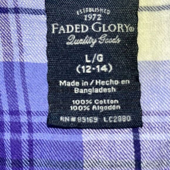 Faded Glory Girls‎ Shirt Large Purple Plaid LS Button Up Tartan Casual 90s Y2K - Picture 2 of 6